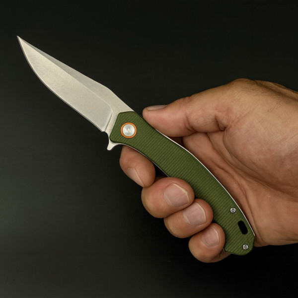 Полуавтоматичен сгъваем нож SABOTAGE GREEN с палец за отваряне, стомана D2, дръжка G10, кутия